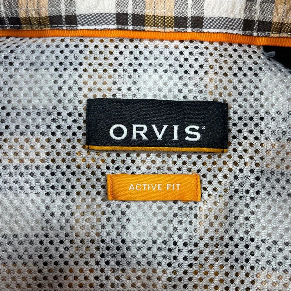 Orvis Mens Shirt L Plaid (Yellow, White, Brown, Gray) Plaid Long Sleeve
